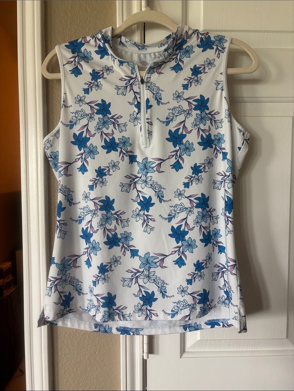 Sleeveless White Floral Zip-Front Golf Polo